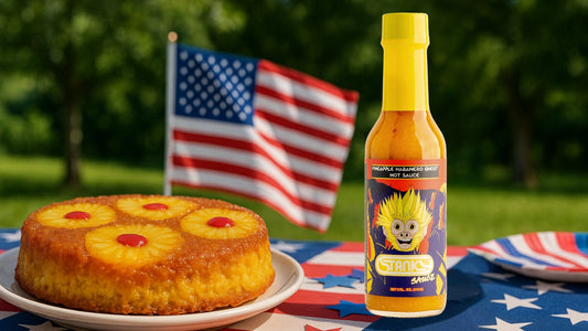 Spicy pineapple upside down cake made with Stanky Sauce Pineapple Habanero Ghost