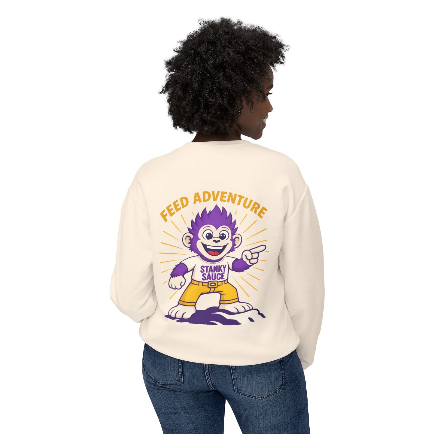 Feed Adventure Crewneck Sweatshirt – Stanky The Monkey Mascot Graphic