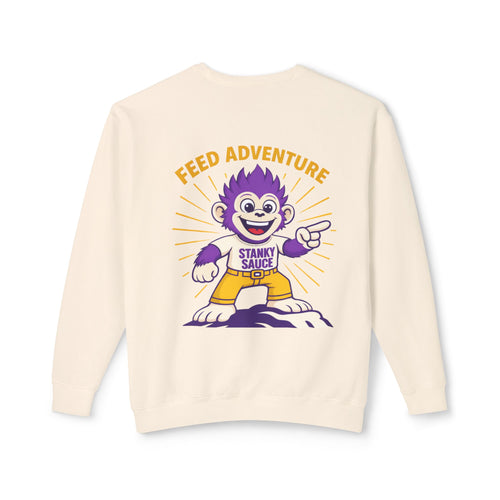 Cream Feed Adventure crewneck sweatshirt with a large Stanky the Monkey graphic.